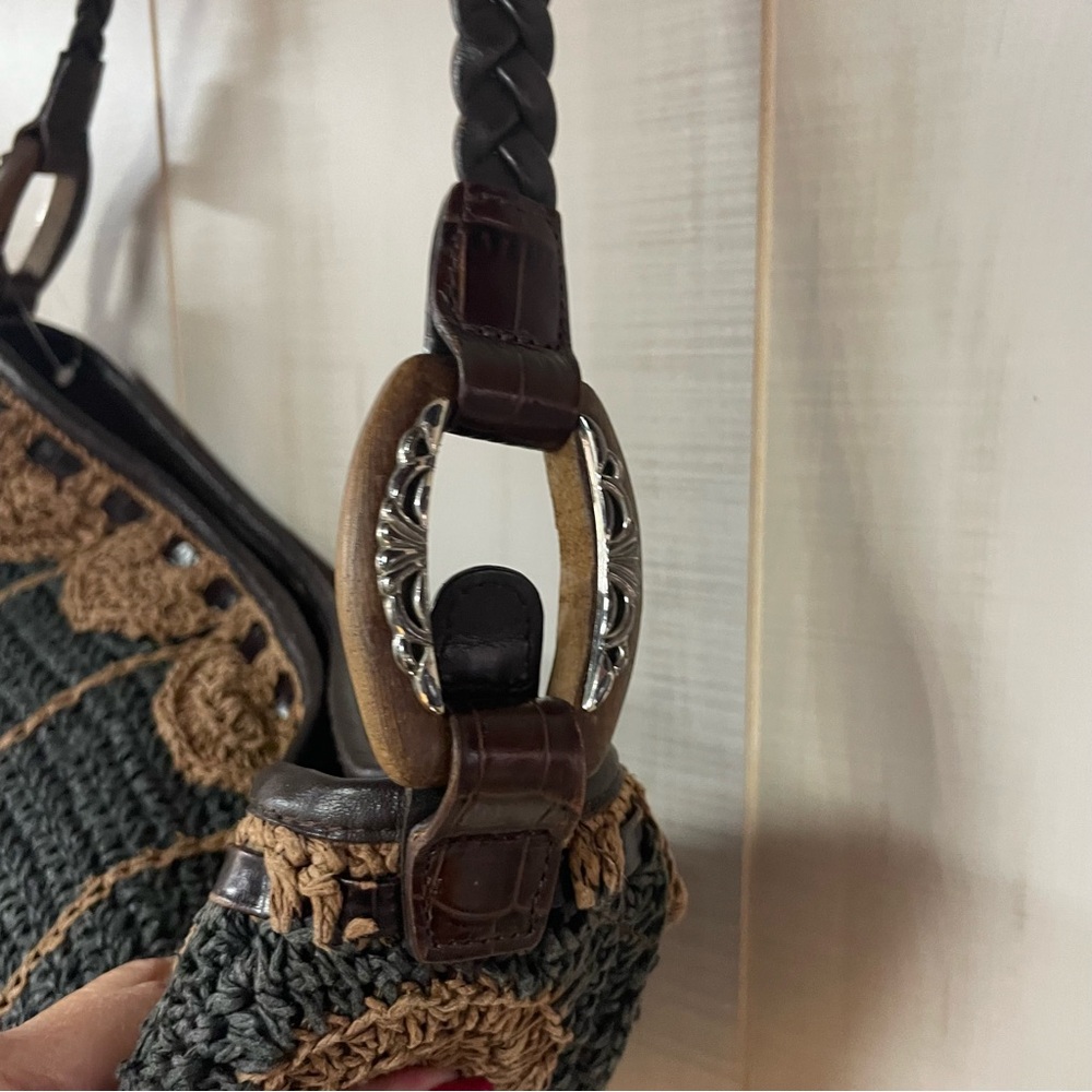 Vintage Brighton Crochet Black & Tan Hobo Bag Braided Handle, Leather Trim - Picture 5 of 9